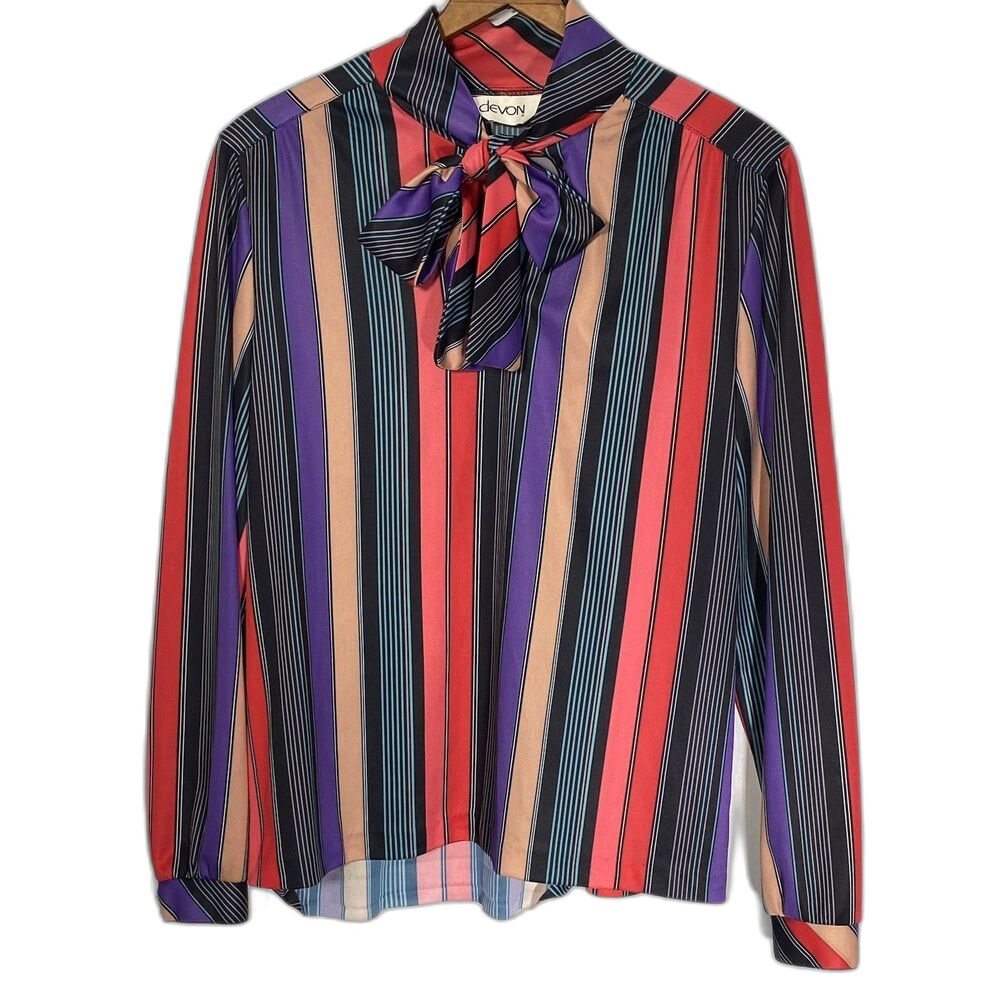 Vintage DEVON Blouse Striped Bow Tie High Neck Long Sleeve 70s Retro Womens M